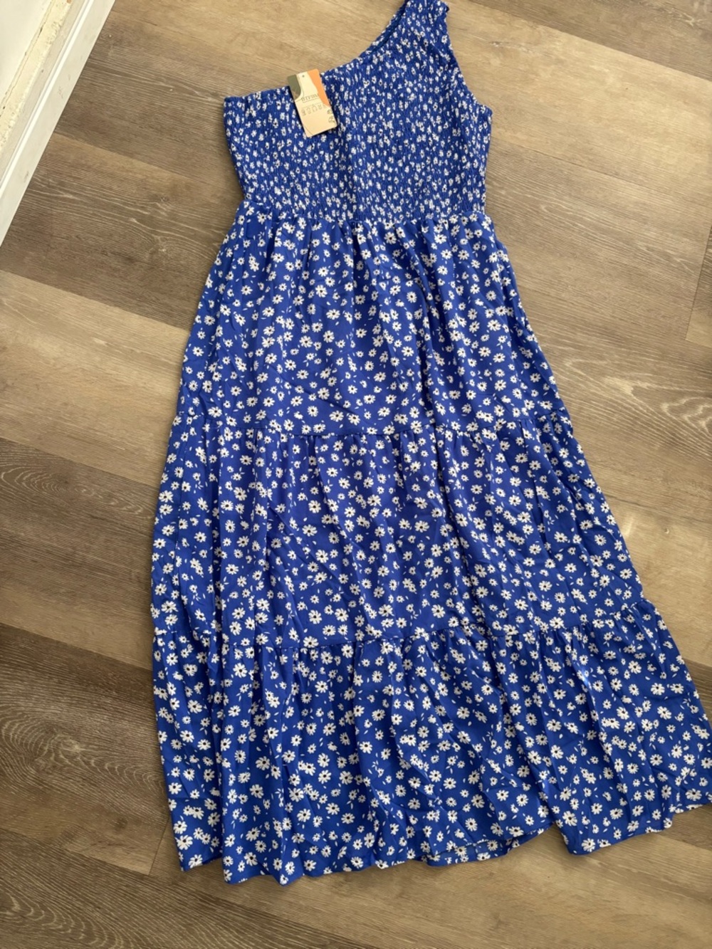 One-Shoulder Size L Blue Floral Maxi Dress